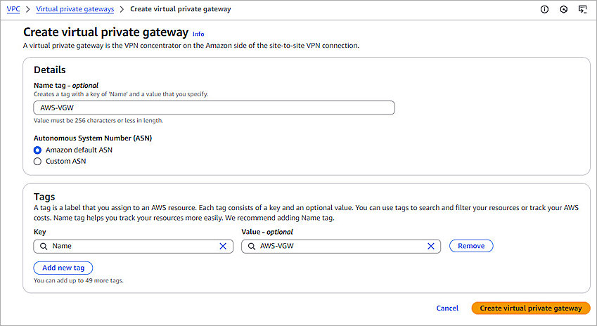 Screenshot of AWS, Create Virtual Private Gateway